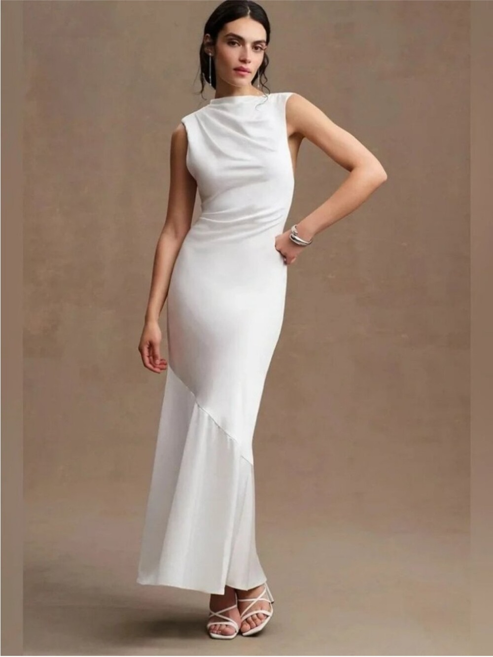 Elegant White Sleeveless Maxi Dress with Draped Neckline